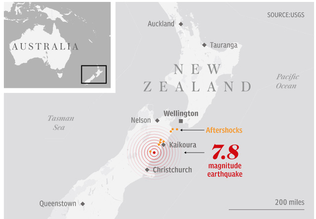 Sơ đồ khu vực xảy ra 2 trận động đất cường độ 7,8 Richter và 6,3 độ Richter tại New Zealand (Ảnh: Telegraph)