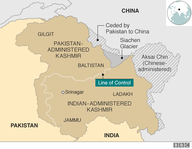 
Bản đồ cho thấy khu vực tranh chấp Kashmir (Ảnh: BBC)
